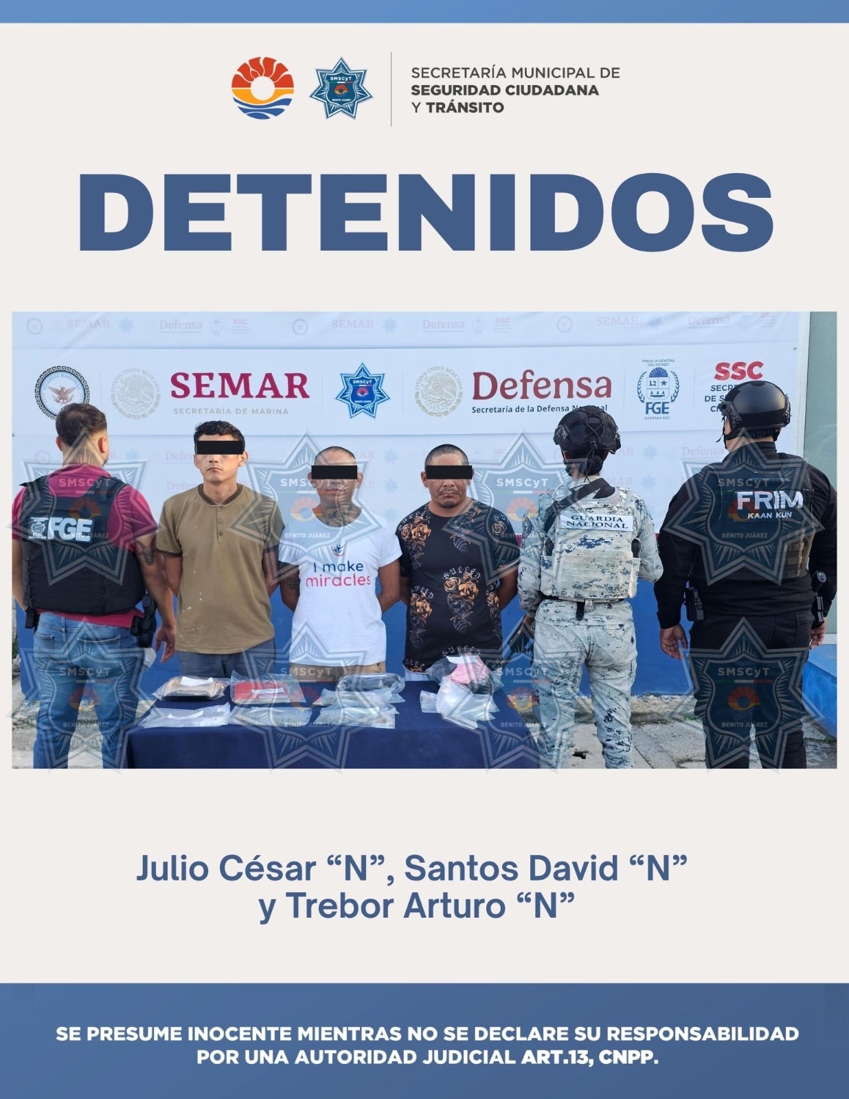 Elementos de la SMSCyT detuvieron a tres hombres por presuntos delitos contra la salud en Cancún.