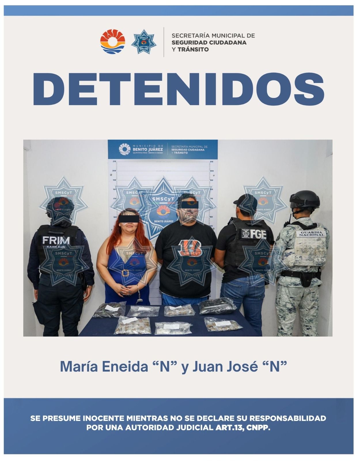 La SMSCyT detuvo a María Eneida “N” y Juan José “N” por presunto Narcomenudeo Cancún en la Supermanzana 23.