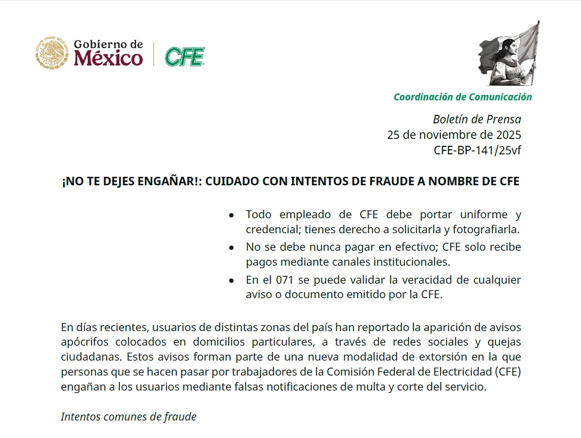 Aviso apócrifo utilizado por defraudadores en la nueva modalidad de extorsión CFE con falsas notificaciones.
