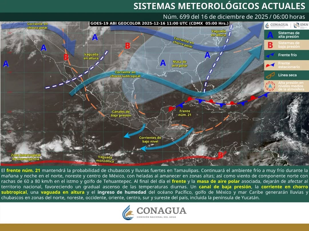 Cielo medio nublado domina la Península de Yucatán debido al frente frío estacionario.
