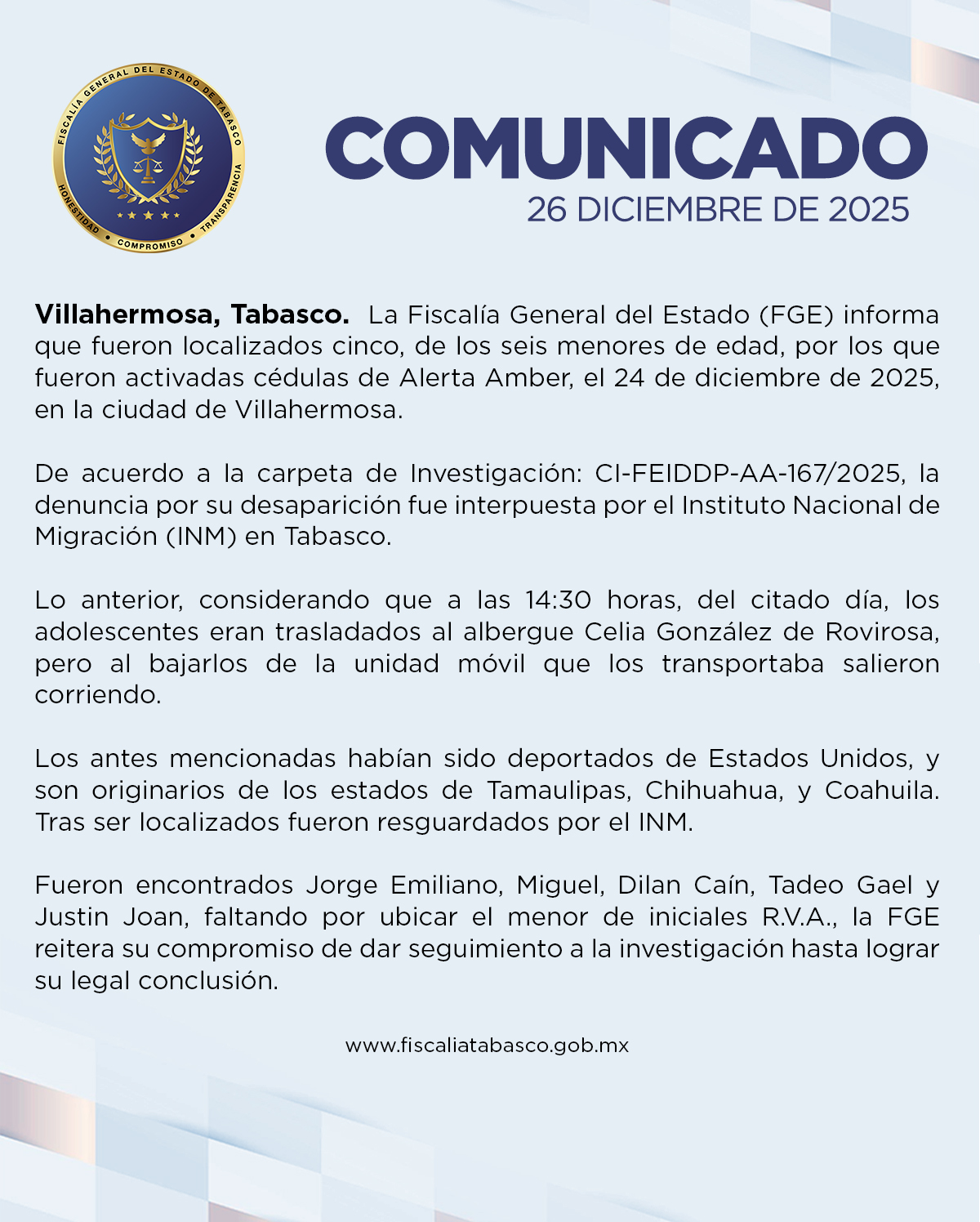 La Fiscalía General del Estado de Tabasco distribuyó las fichas oficiales de Alerta Amber para los seis menores.