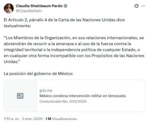 La presidenta Claudia Sheinbaum durante la difusión del comunicado oficial sobre la situación en Venezuela.