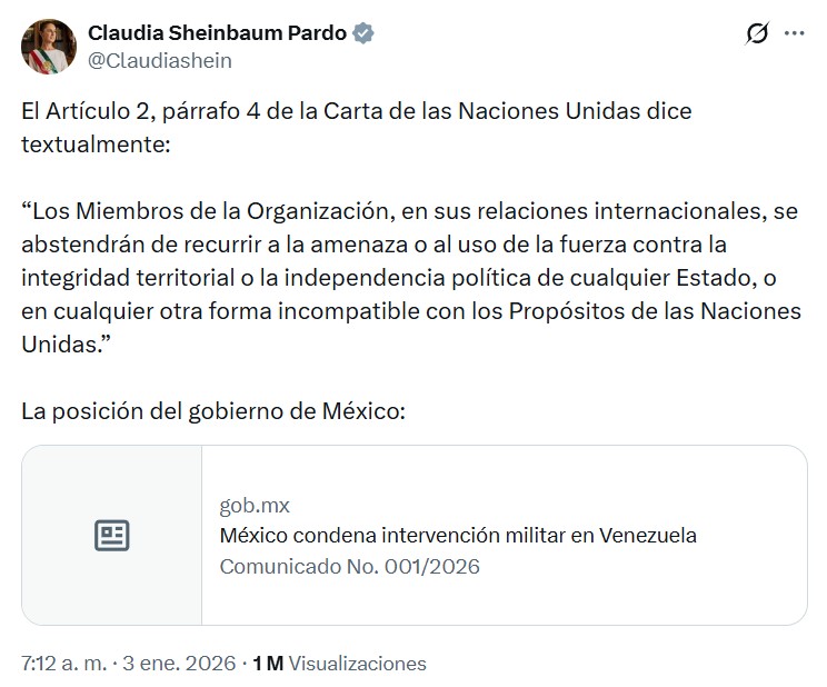 La presidenta Claudia Sheinbaum durante la difusión del comunicado oficial sobre la situación en Venezuela.