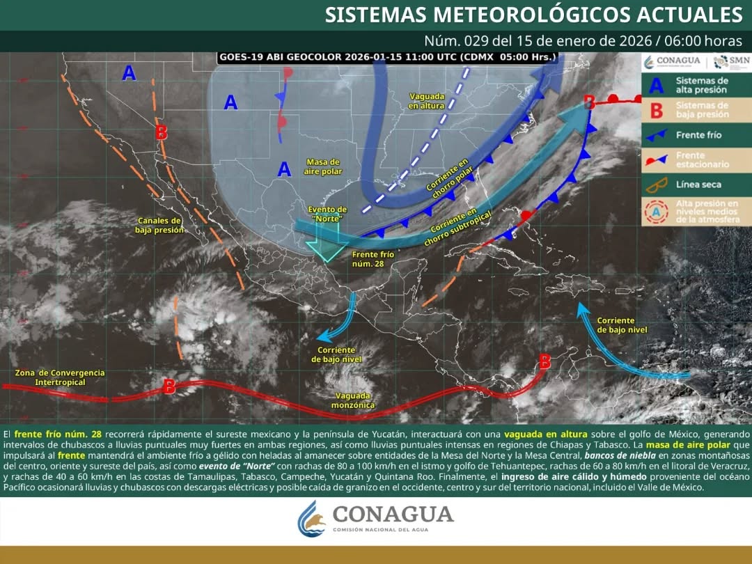 El frente frío 28 genera incremento de nubosidad y probabilidad de chubascos en el Caribe Mexicano.
