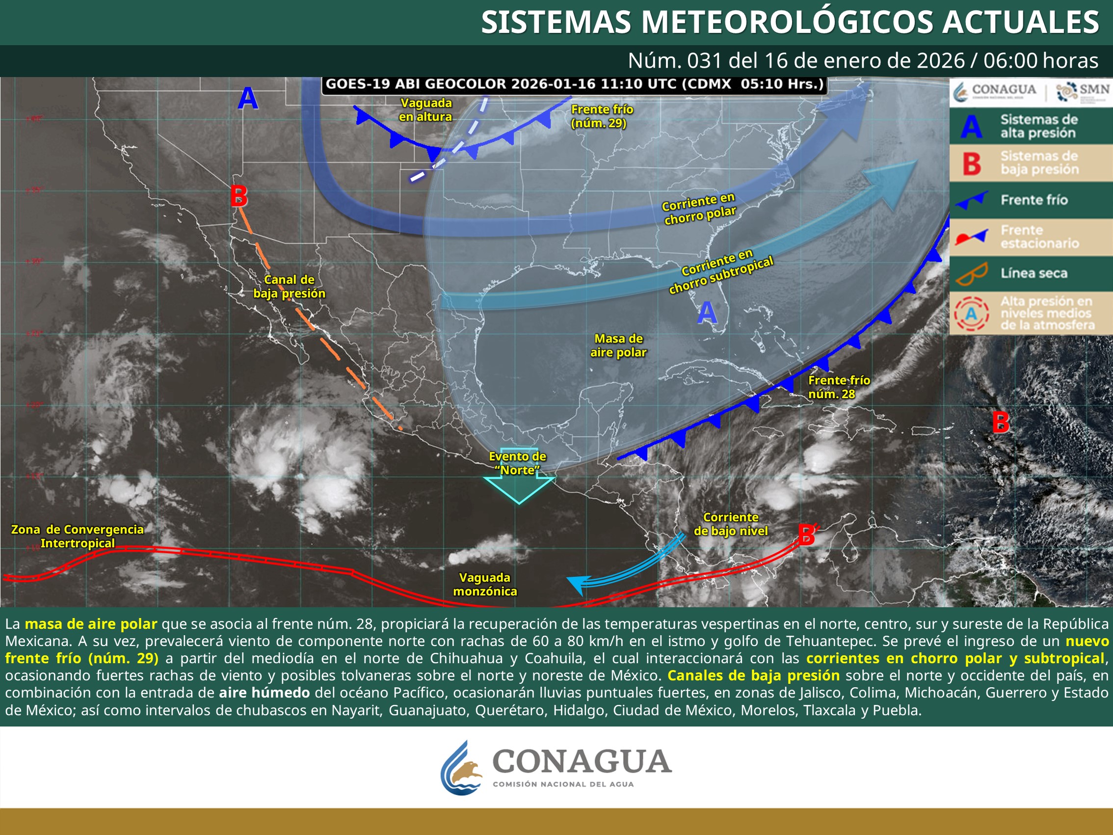 El mapa satelital muestra el avance de la masa de aire frío que afecta el pronóstico del tiempo en México.