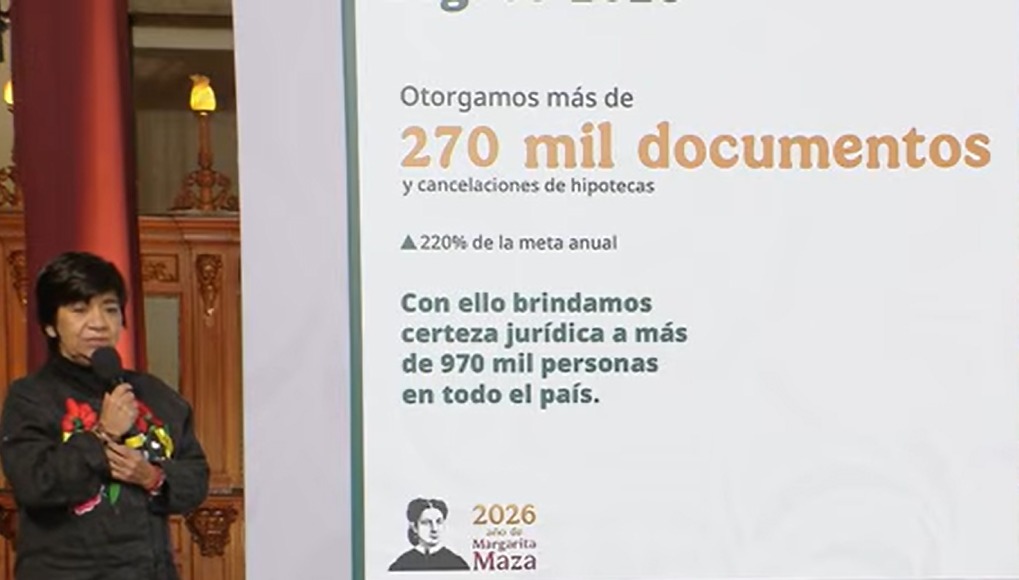 La titular de Sedatu, Edna Vega Rangel, presenta las gráficas de crecimiento del programa habitacional durante el informe anual 2025.