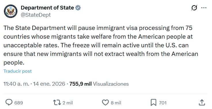 Las embajadas de Estados Unidos en 75 países cerrarán sus ventanillas de procesamiento de visas tras la orden presidencial de Donald Trump.