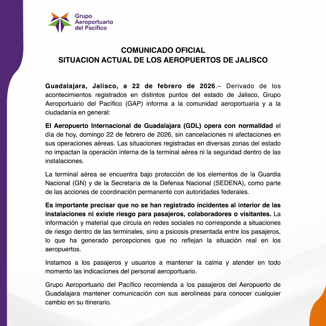 El Aeropuerto Internacional de Guadalajara opera con normalidad este domingo bajo el resguardo de la Guardia Nacional tras reportes de narcobloqueos.