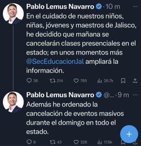 El gobernador Pablo Lemus anunció la cancelación de clases presenciales en todo el estado de Jalisco debido a los recientes narcobloqueos.
