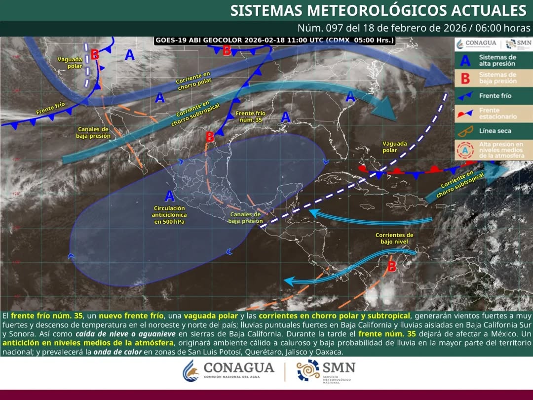 Imagen satelital que muestra la cobertura del sistema anticiclónico sobre el territorio mexicano y la entrada de humedad caribeña.