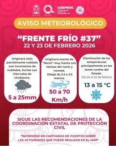 Las autoridades monitorean el desplazamiento del Frente Frío 37 sobre la Península de Yucatán para emitir avisos oportunos a la población.
