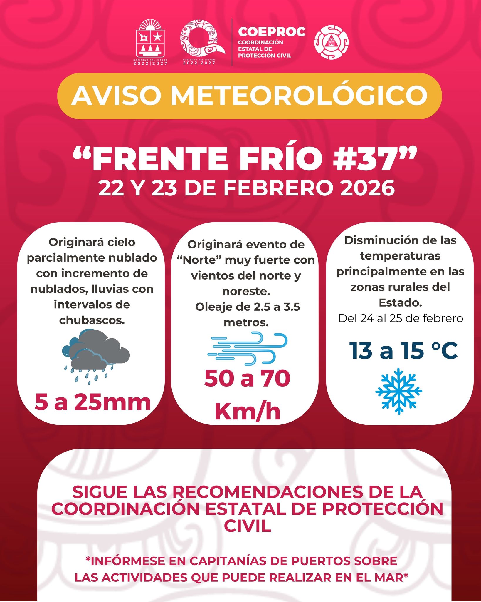 Las autoridades monitorean el desplazamiento del Frente Frío 37 sobre la Península de Yucatán para emitir avisos oportunos a la población.