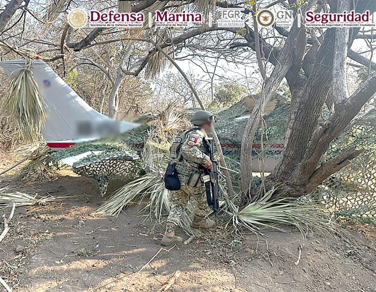 Personal militar resguarda la aeronave clandestina asegurada en un terreno despoblado del municipio de San Dionisio del Mar, Oaxaca.