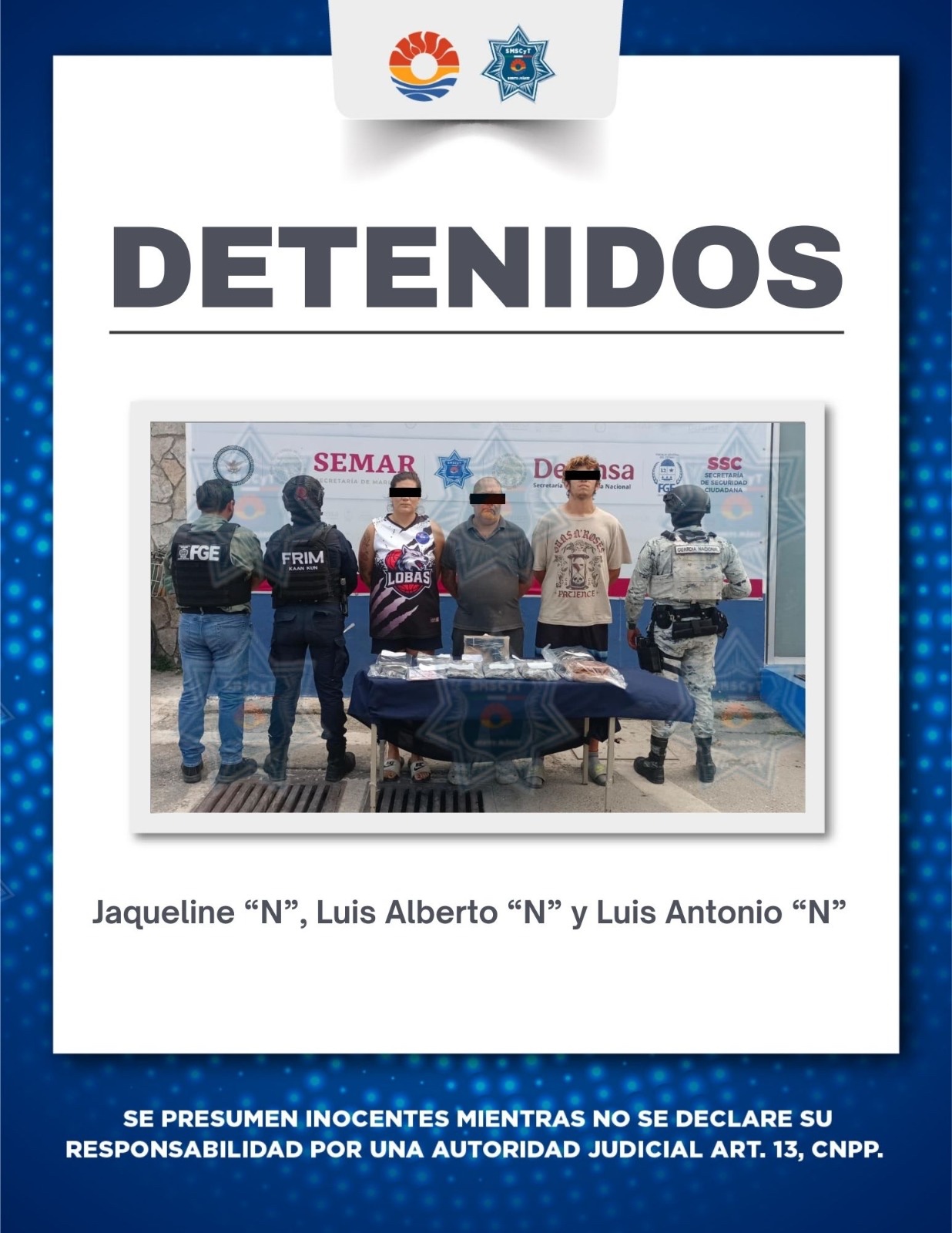 Los implicados Jaqueline “N”, Luis Alberto “N” y Luis Antonio “N” bajo custodia policial tras su detención en Cancún.