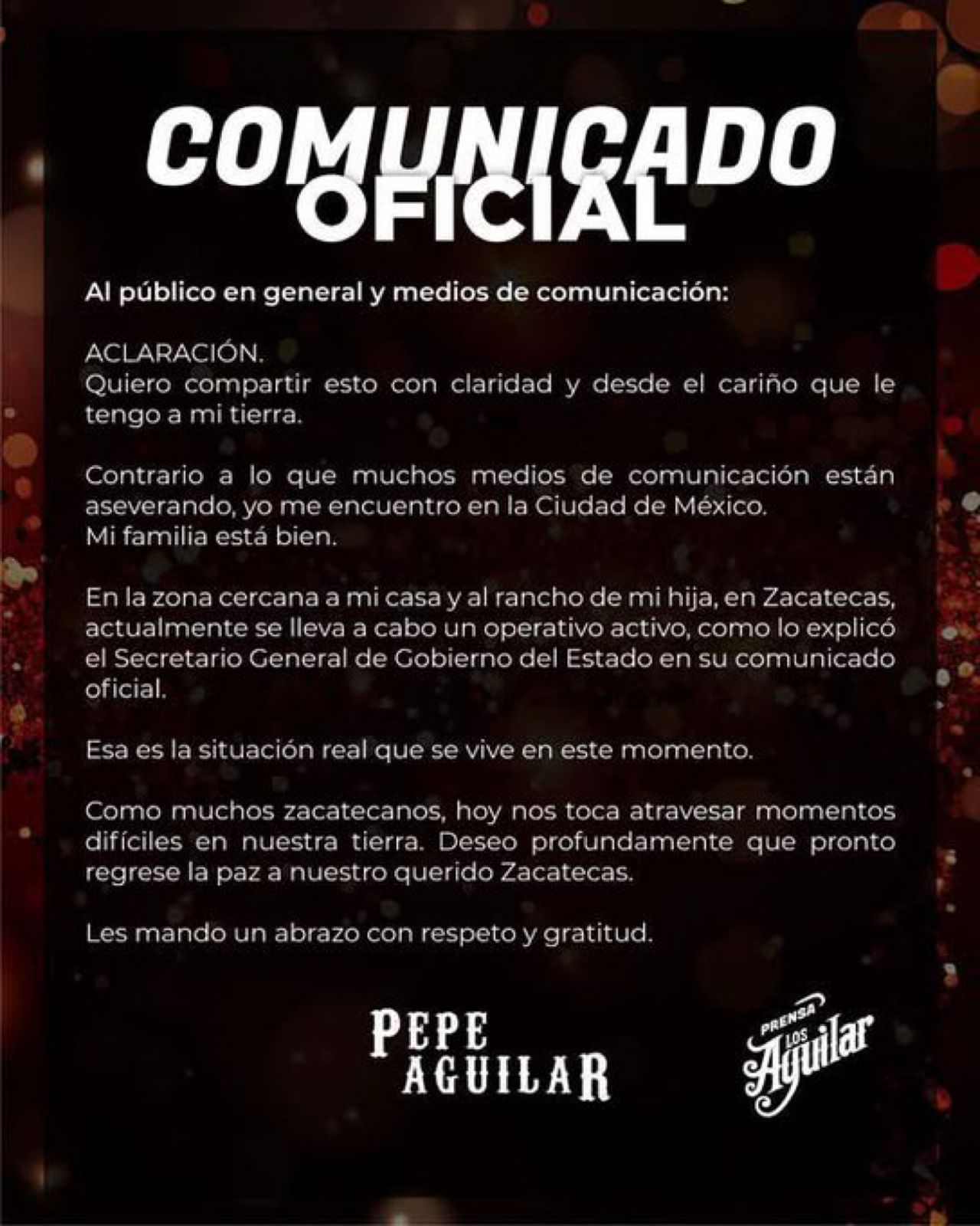 Pepe Aguilar desmiente los rumores de violencia mediante un video oficial en sus redes.