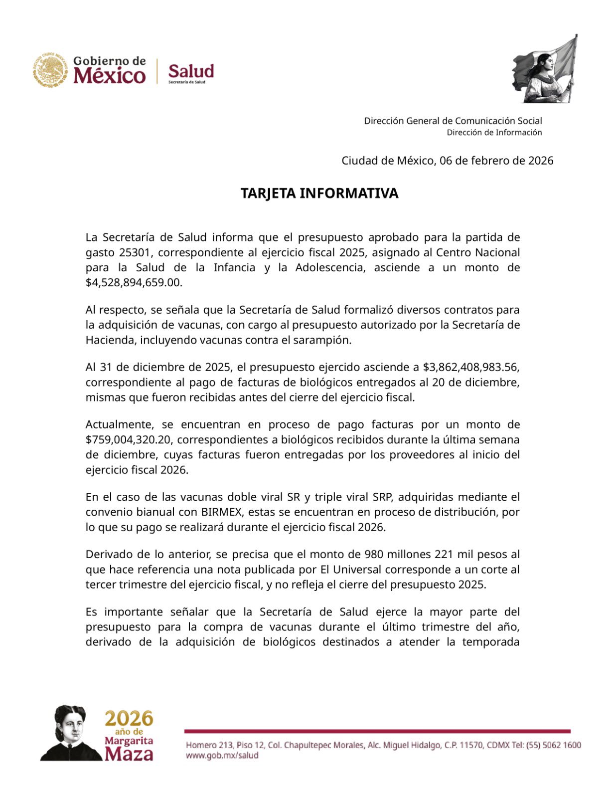 La Secretaría de Salud confirmó que el presupuesto para vacunas se ha ejercido conforme a los tiempos de entrega de los proveedores internacionales.