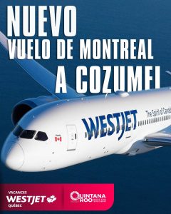 Autoridades estatales y directivos de la aerolínea Sunwing celebran el arribo del primer vuelo directo proveniente de la ciudad de Montreal.