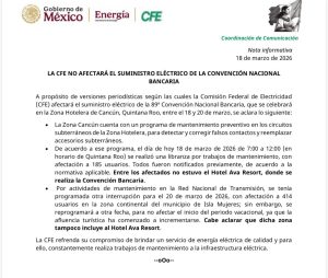Cuadrillas de la CFE realizan mantenimiento preventivo en los circuitos subterráneos de la Zona Hotelera de Cancún.