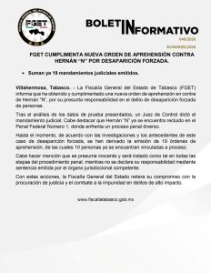La Fiscalía General del Estado de Tabasco notificó formalmente la nueva orden de aprehensión al personal del penal del Altiplano.
