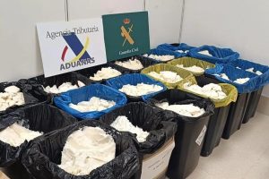 Agentes de la Guardia Civil inspeccionan los 36 botes de aceite de coco que ocultaban el cargamento ilícito.