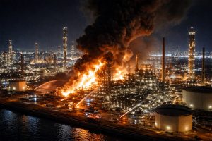 Columnas de humo emergen de las instalaciones de Ras Tanura tras la caída de escombros de drones.