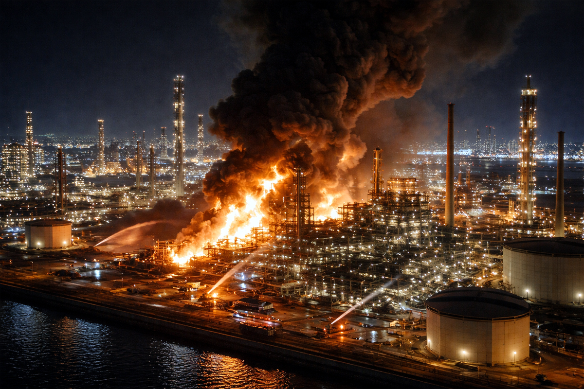 Columnas de humo emergen de las instalaciones de Ras Tanura tras la caída de escombros de drones.