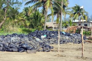 Cientos de bolsas con restos de hidrocarburos permanecen alineadas en la costa de Veracruz sin ser trasladadas a un centro de acopio especializado.