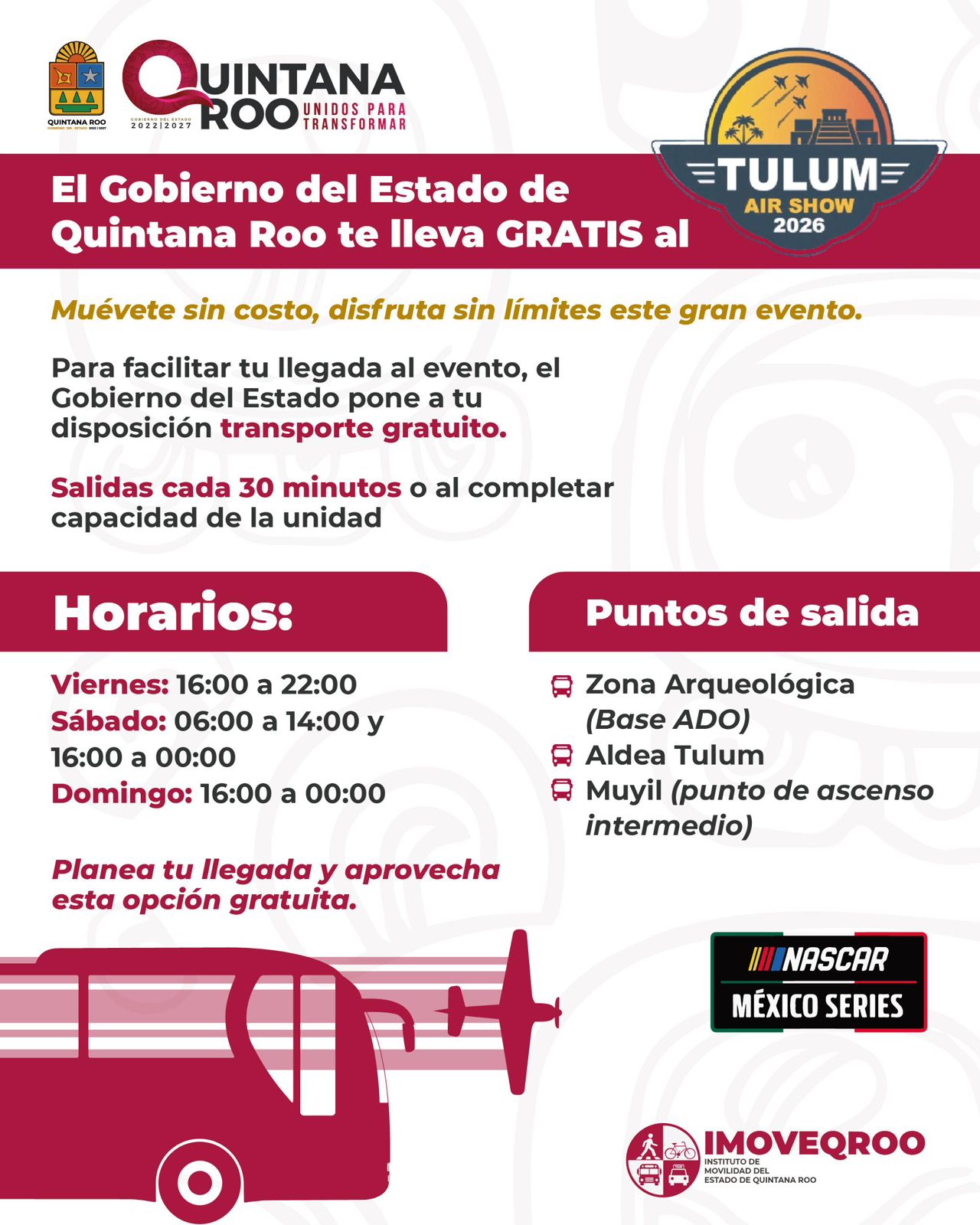 El transporte gratuito para el Air Show Tulum 2026 operará desde la Zona Arqueológica y Aldea Tulum con salidas frecuentes.