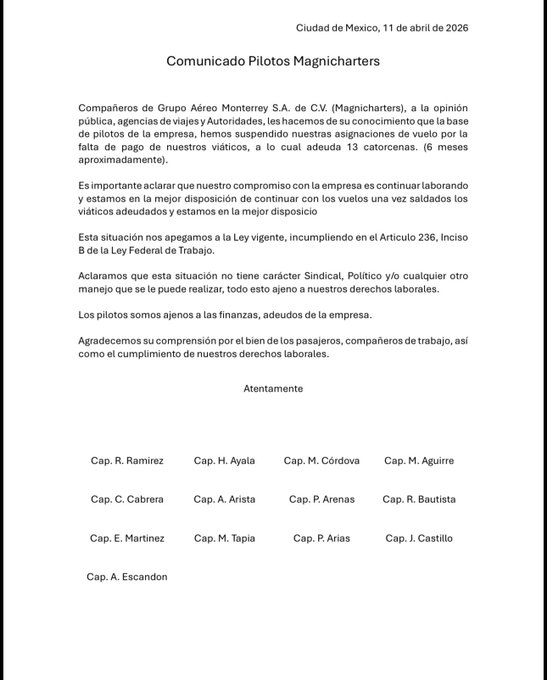 El cuerpo de pilotos de Magnicharters emitió un comunicado oficial para explicar las razones de la suspensión de sus servicios.