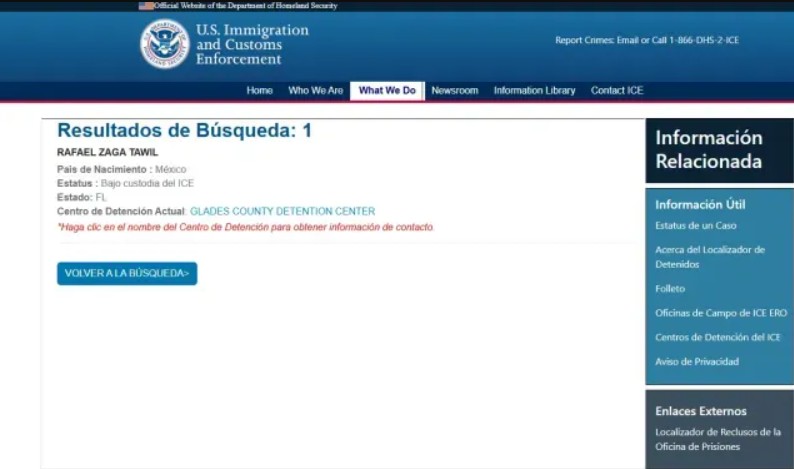 El sistema de búsqueda del ICE confirma que Rafael Zaga Tawil está bajo custodia en un centro de detención de Florida.