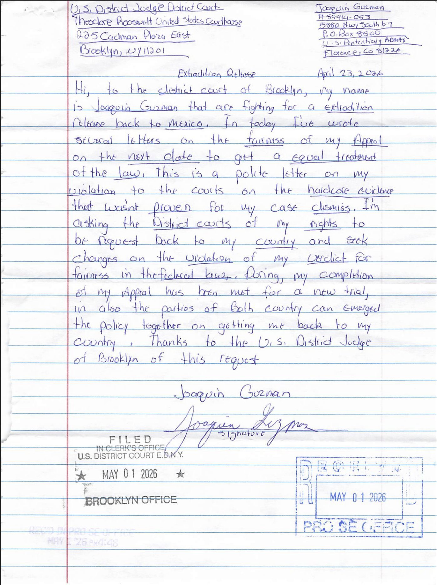 La carta de Joaquín Guzmán fue ingresada oficialmente al sistema de justicia de Estados Unidos bajo el número de documento 781.