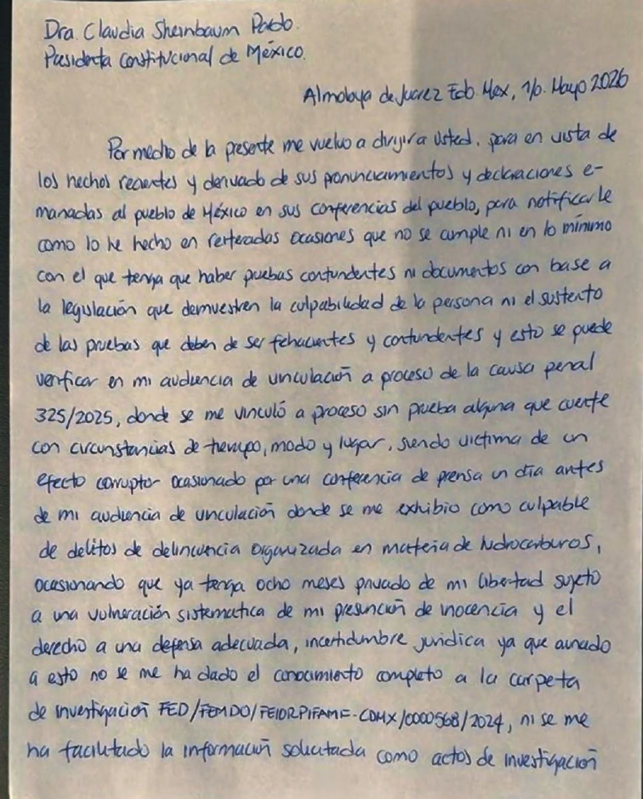 El vicealmirante Manuel Roberto Farías Laguna demanda justicia y acceso a su carpeta de investigación en una carta abierta.