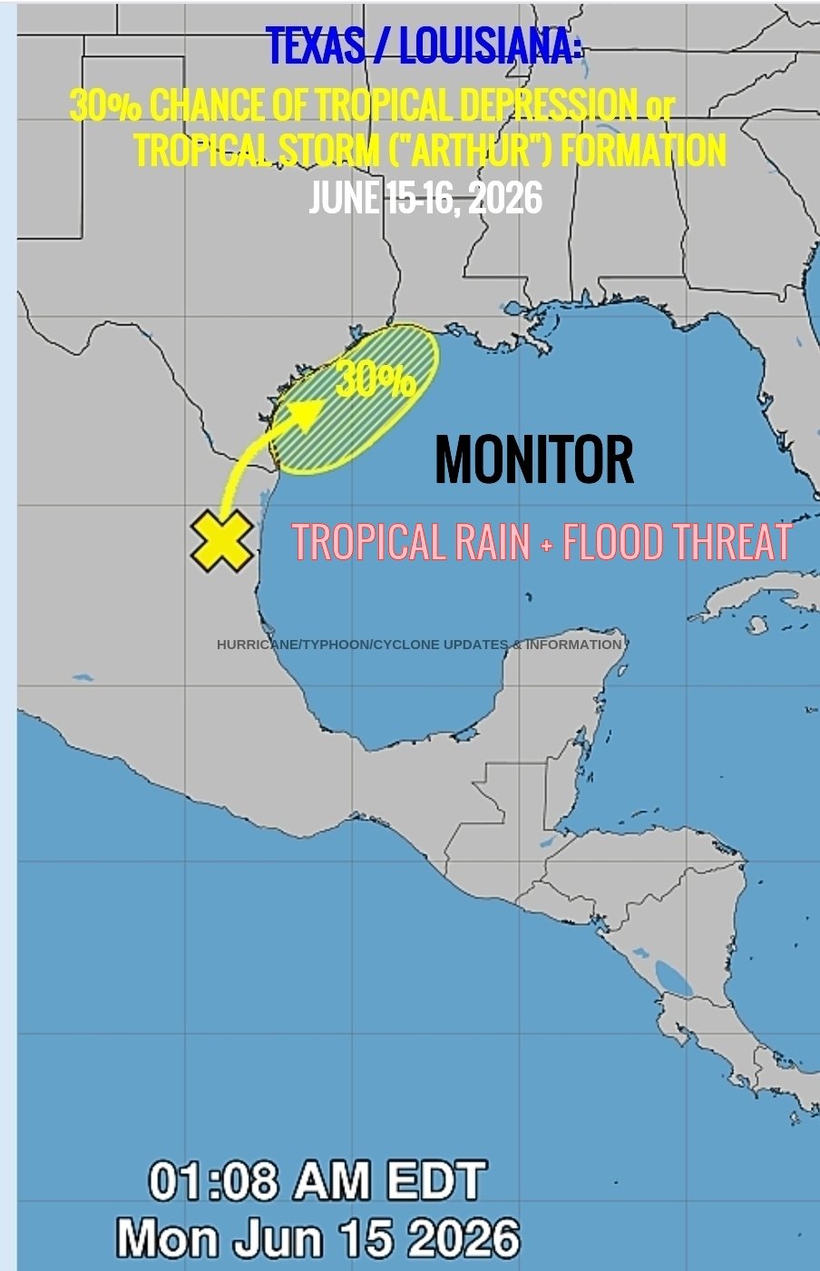Satélites meteorológicos detectan una zona de baja presión frente a Tamaulipas que podría originar la tormenta tropical Arthur.