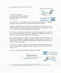 El actual regidor del ayuntamiento de Tulum, Jorge Portilla Mánica, formalizó su salida del partido político mediante un documento oficial.
