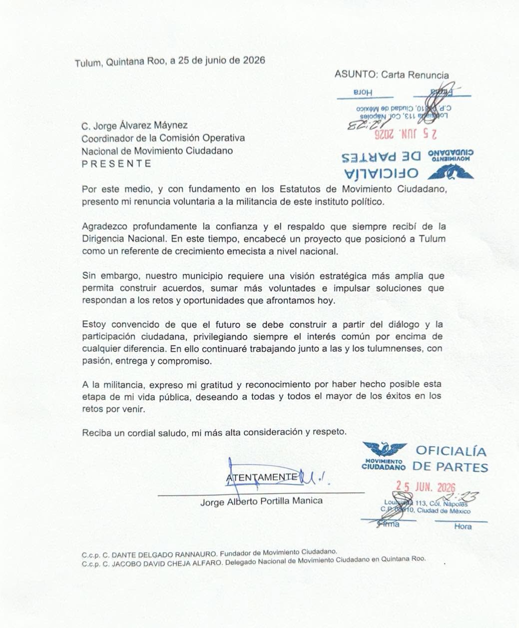 El actual regidor del ayuntamiento de Tulum, Jorge Portilla Mánica, formalizó su salida del partido político mediante un documento oficial.