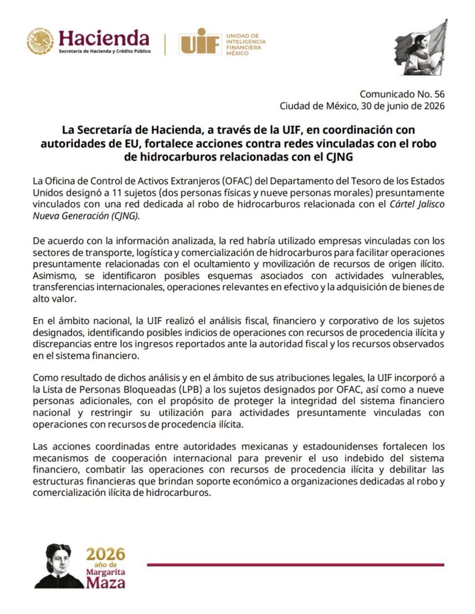 La UIF y el Departamento del Tesoro de Estados Unidos desmantelaron la red financiera que sustentaba el robo de hidrocarburos en el país.