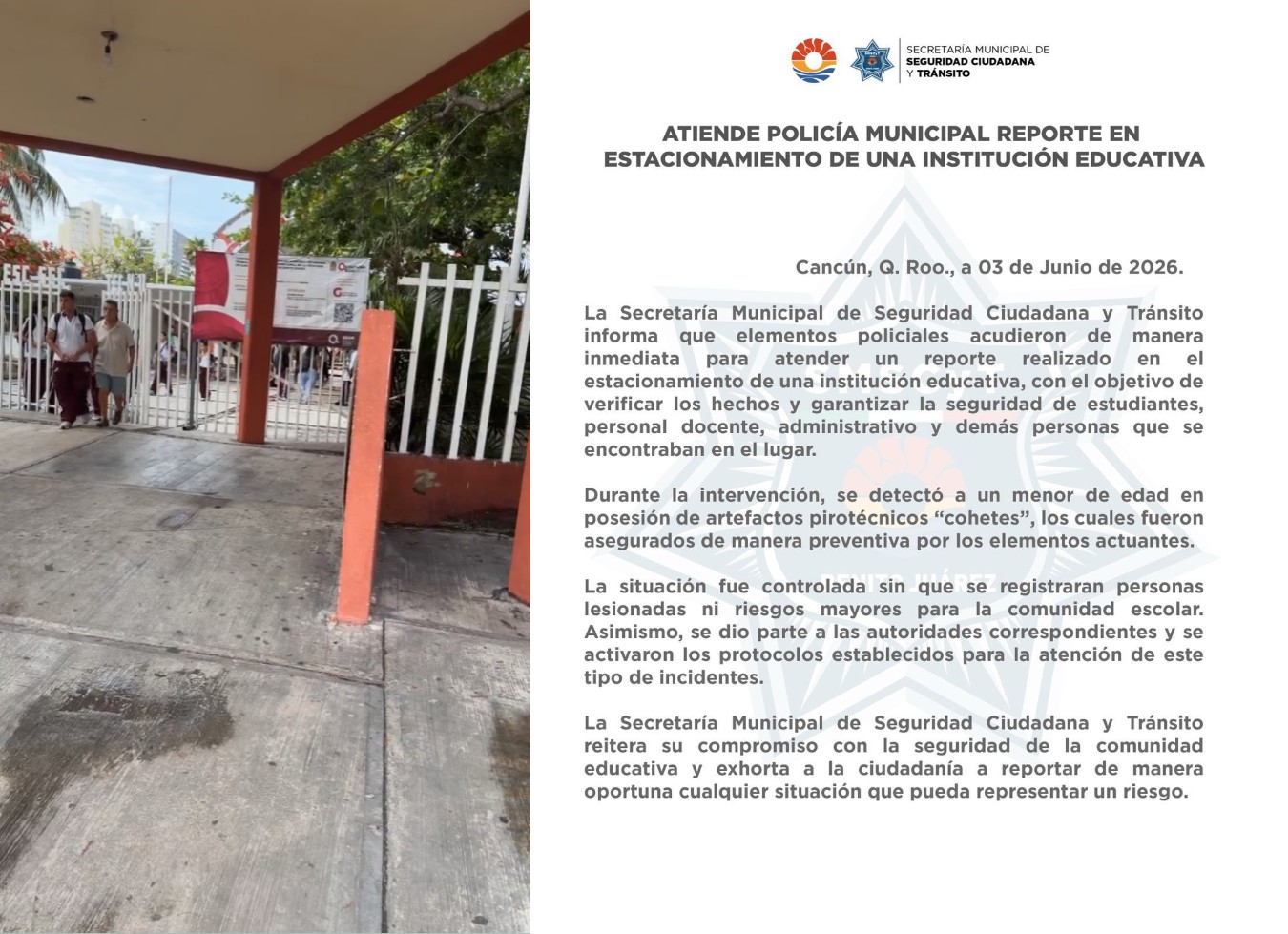 Elementos de la Guardia Nacional y de la Policía Municipal resguardaron los accesos principales de la institución educativa.