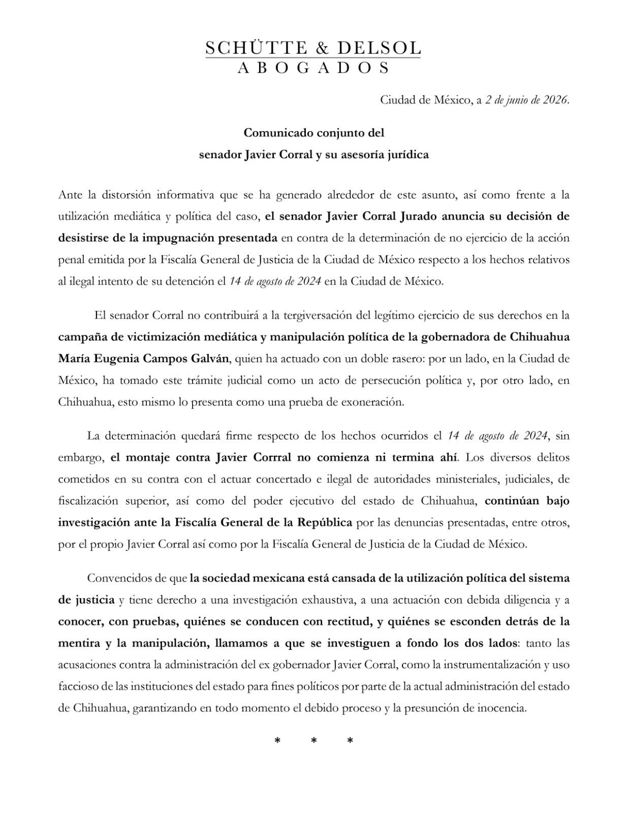 El senador Javier Corral retiró formalmente la impugnación penal que involucraba de manera directa a la gobernadora de Chihuahua.
