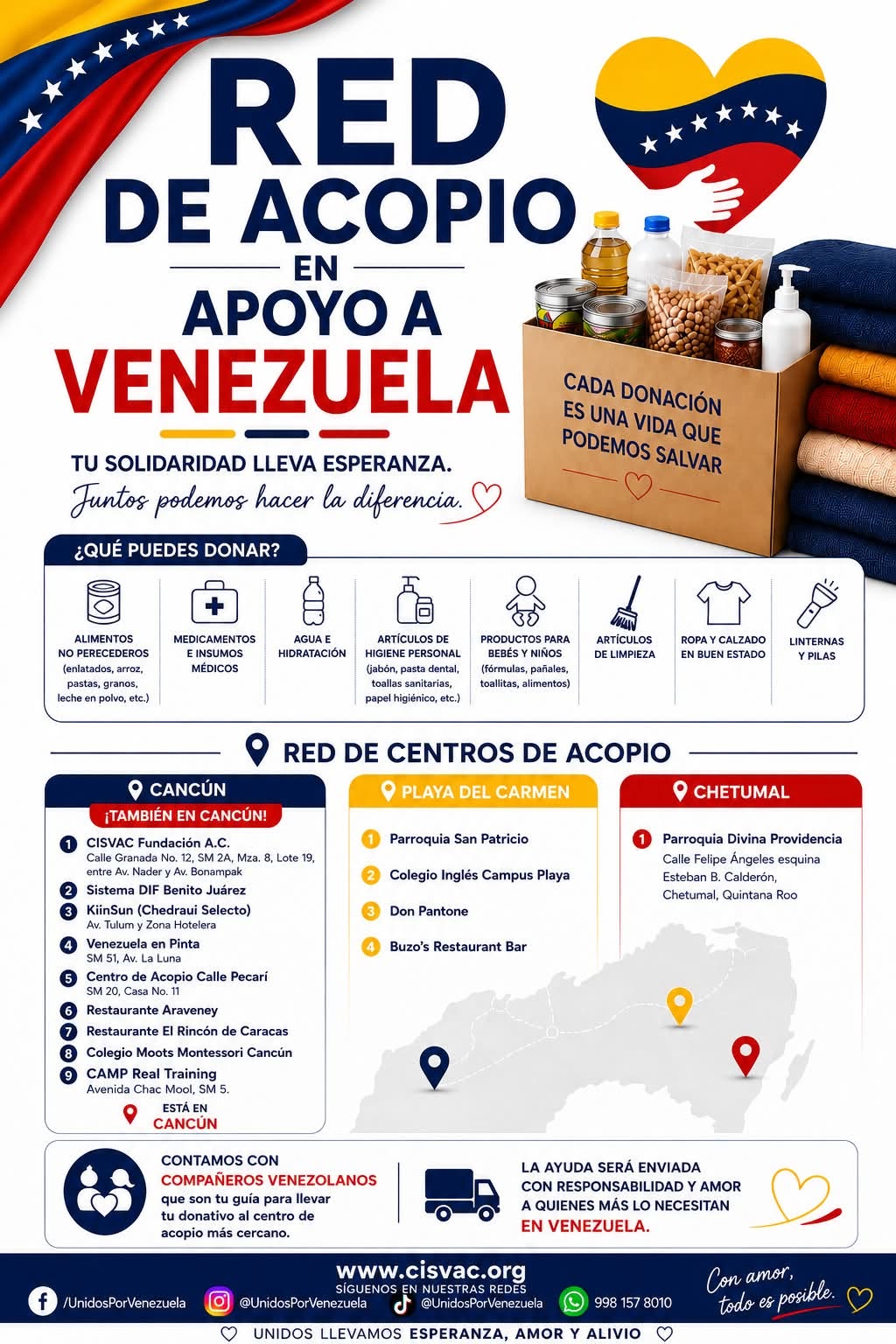 Voluntarios de la fundación clasifican los primeros cargamentos de víveres destinados a brindar apoyo a Venezuela en Cancún.