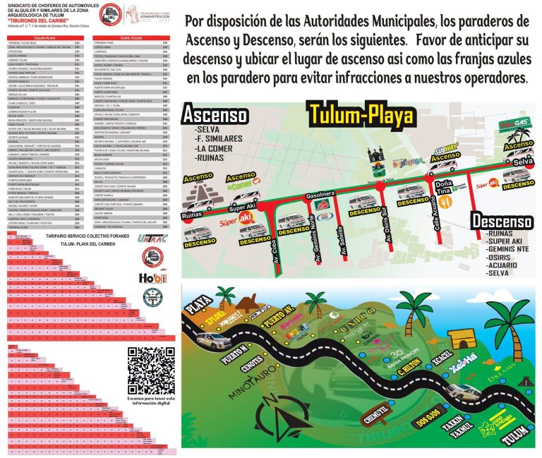 El Sindicato Tiburones del Caribe presentó el mapa oficial de paraderos para la ruta Tulum–Playa del Carmen.