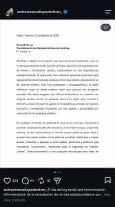 Andrés Manuel López Beltrán denunció la cancelación de su visa norteamericana mediante una carta pública.