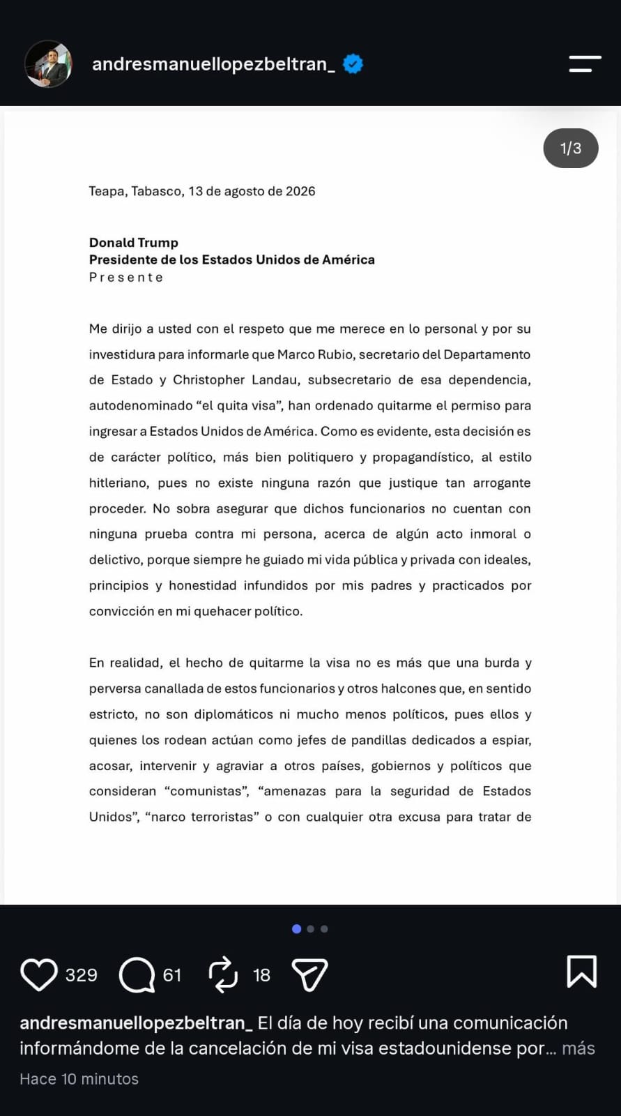 Andrés Manuel López Beltrán denunció la cancelación de su visa norteamericana mediante una carta pública.