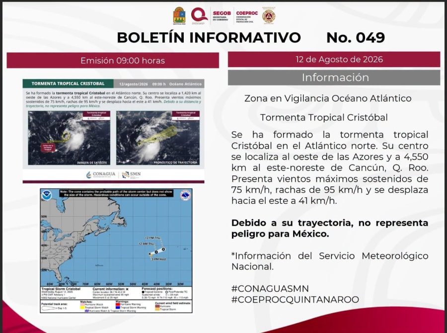 El Servicio Meteorológico Nacional vigila la trayectoria de la tormenta tropical Cristóbal en el Atlántico.