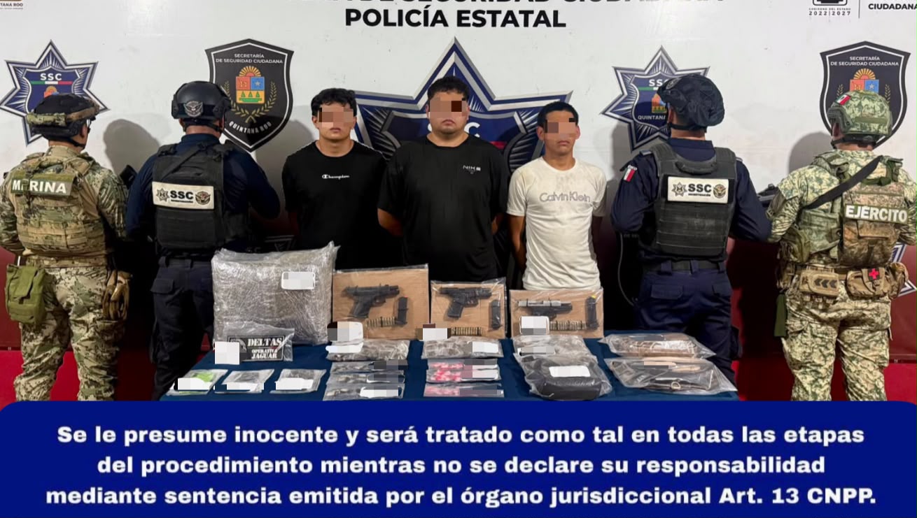 La exitosa detención en Puerto Cancún permitió el decomiso de armas de fuego y cientos de dosis de droga.