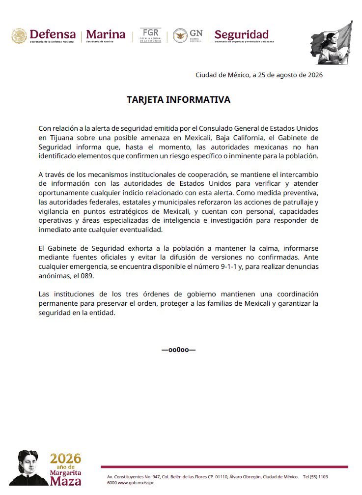 El Gabinete de Seguridad descartó la existencia de riesgos inminentes en Mexicali tras el comunicado consular.