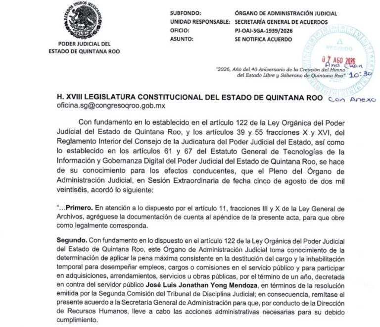 El Tribunal de Disciplina Judicial determinó la destitución inmediata e inhabilitación por un año para Jonathan Yong Mendoza.