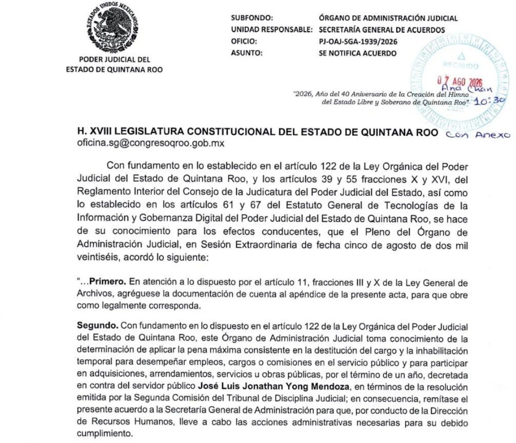 El Tribunal de Disciplina Judicial determinó la destitución inmediata e inhabilitación por un año para Jonathan Yong Mendoza.