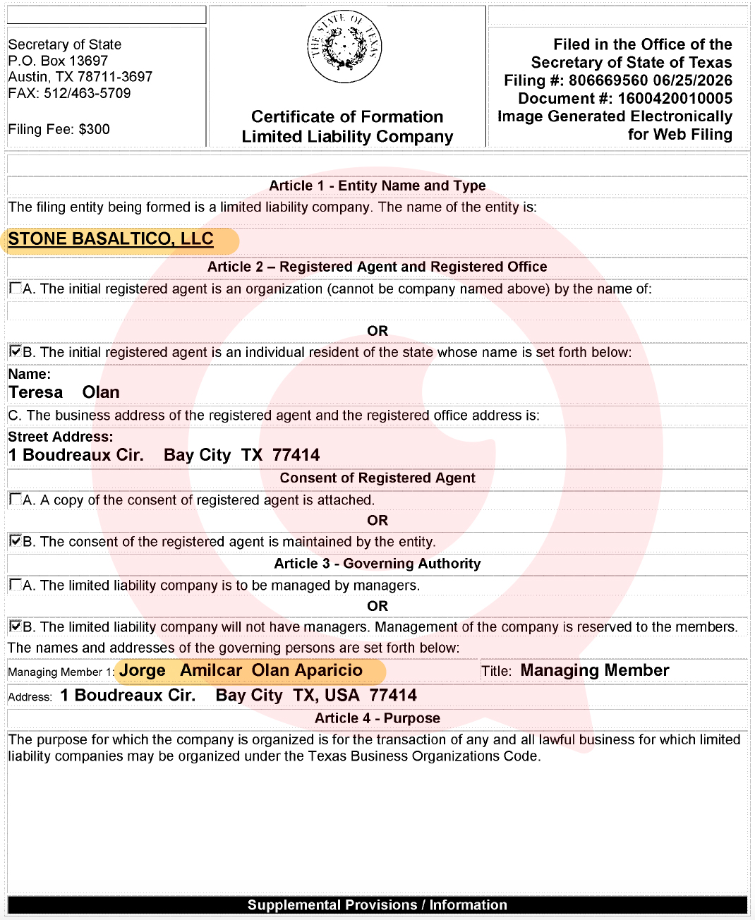 Documentos mercantiles del estado de Texas que muestran el registro de las nuevas empresas en Bay City.