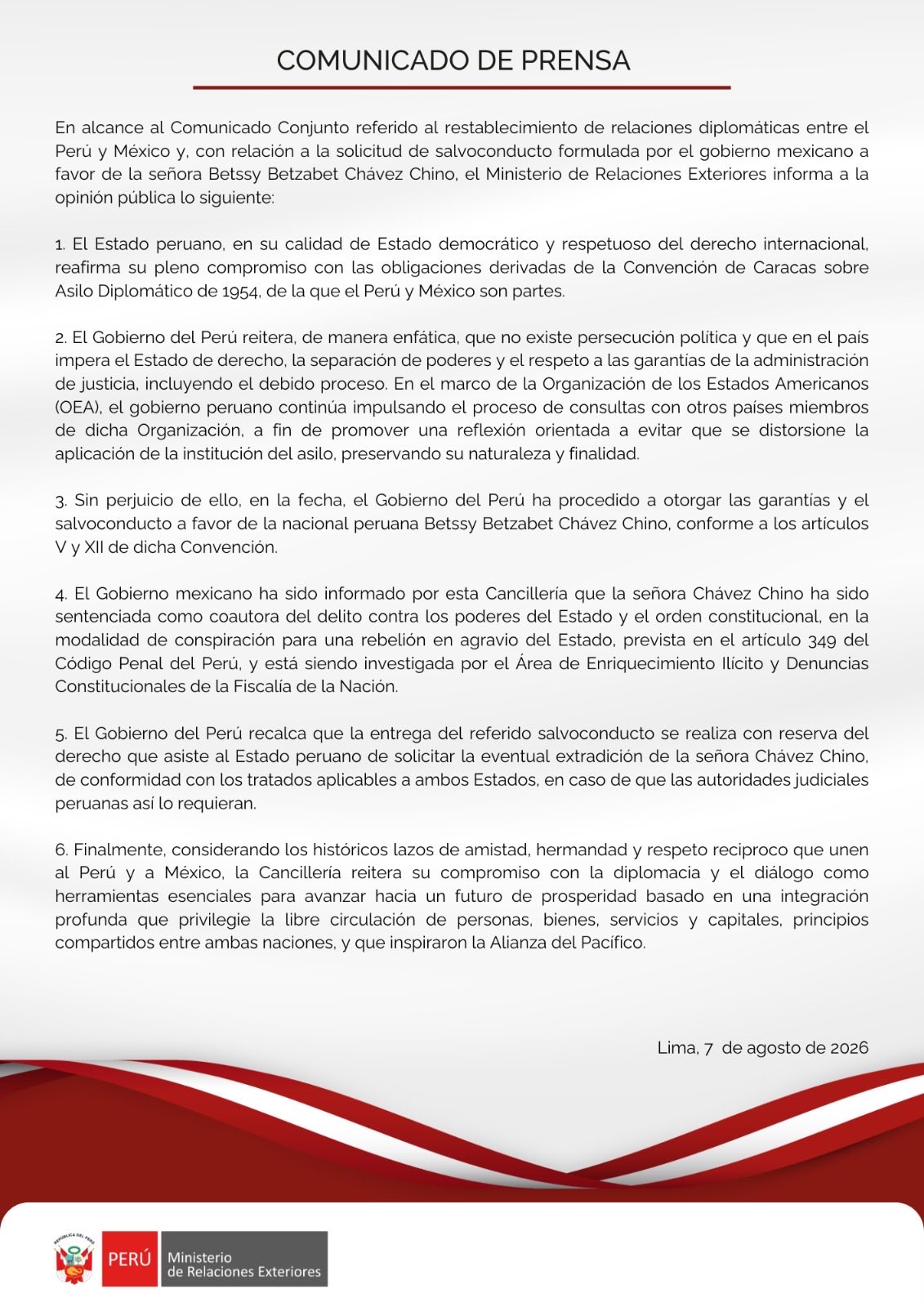 Los gobiernos de México y Perú acordaron reactivar sus nexos bilaterales basándose en sus lazos históricos y en el respeto al derecho internacional.