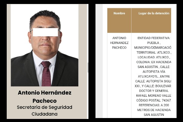 Antonio Hernández Pacheco, secretario de Seguridad Pública de Atlixco, fue aprehendido en la Vía Atlixcáyotl.